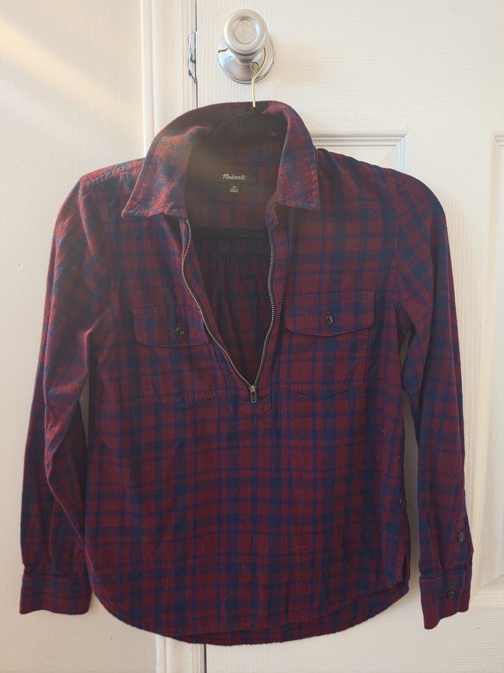 Madewell Red & Navy Plaid Zip-Front Shirt Jacket